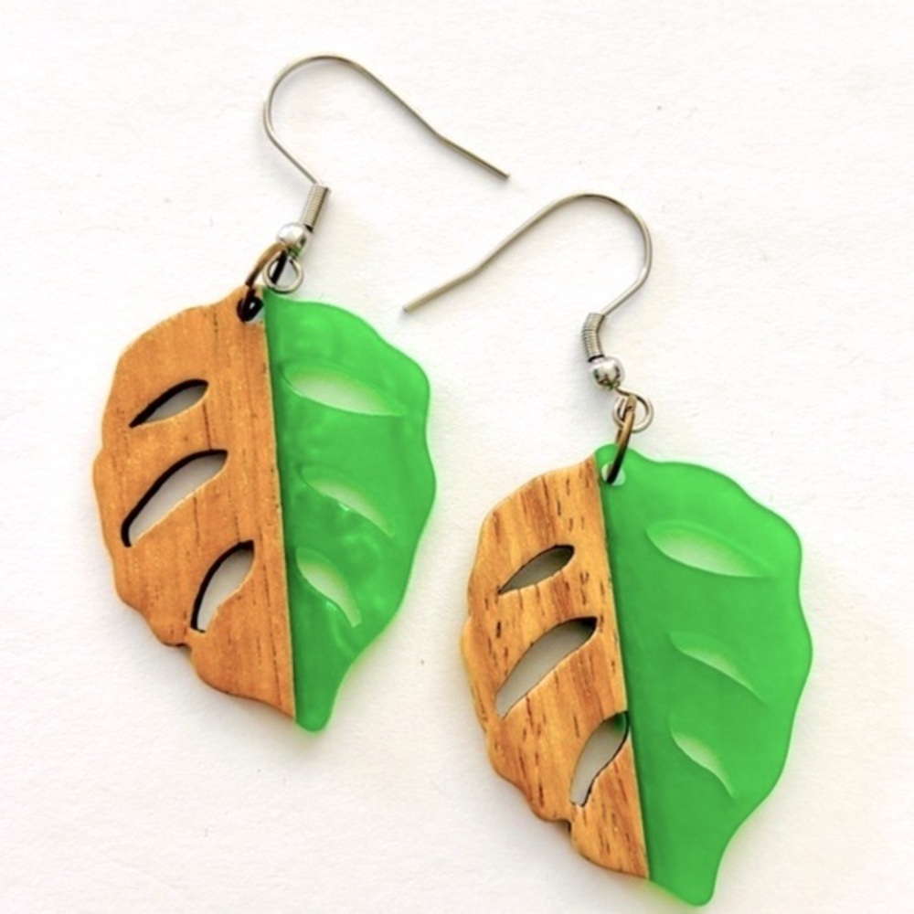 Resin and Wood Monstera Leaf Earrings, NWT, Handmade, Unworn